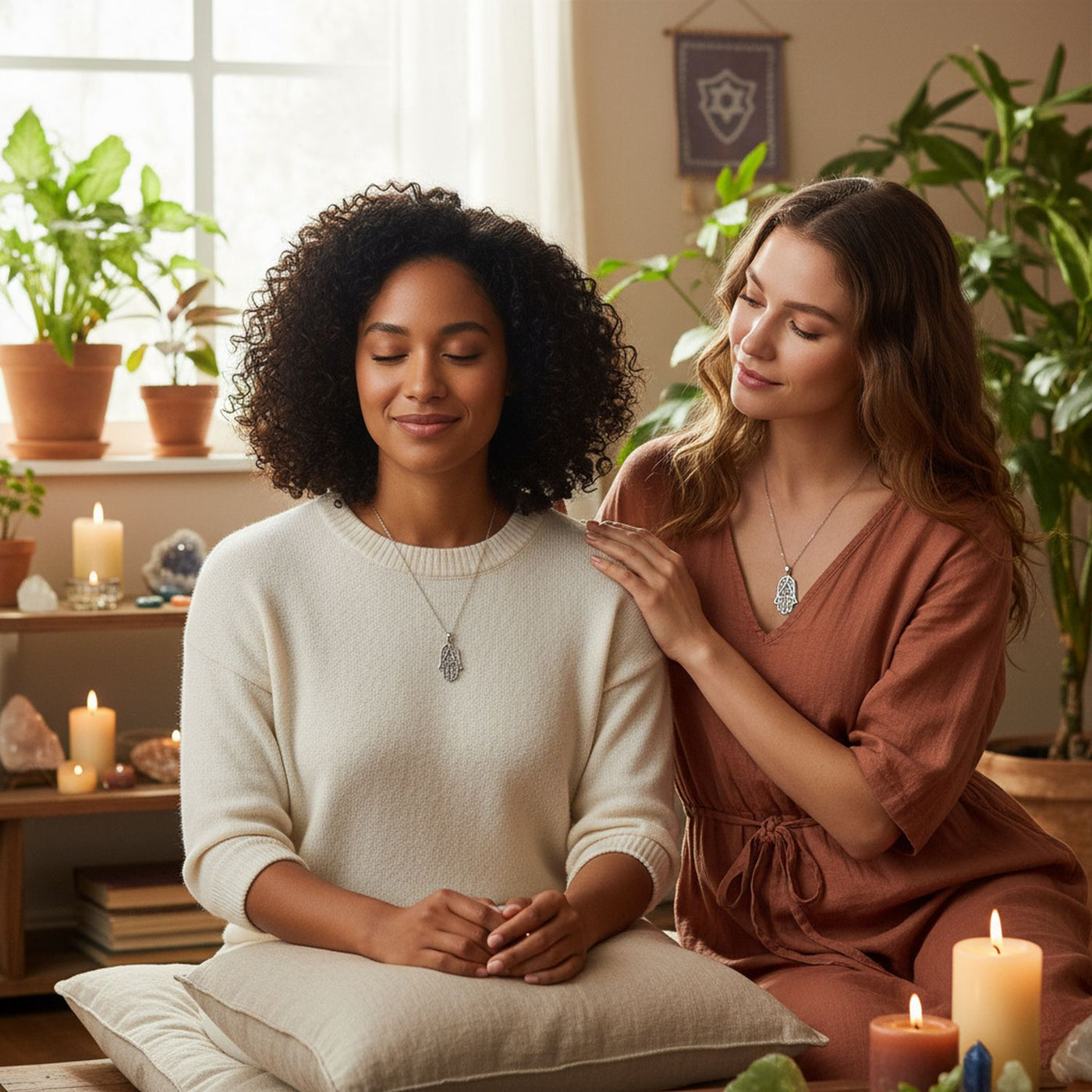 Set of 2 Yoga Filigree Hamsa Pendant Necklace Sterling Silver Hand of God Amulet