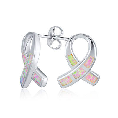 Created Opal Pink Ribbon For Breast Cancer Awareness Stud Earrings