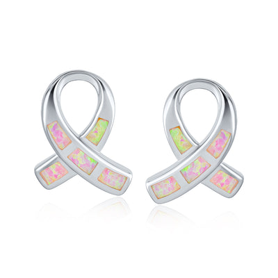 Created Opal Pink Ribbon For Breast Cancer Awareness Stud Earrings