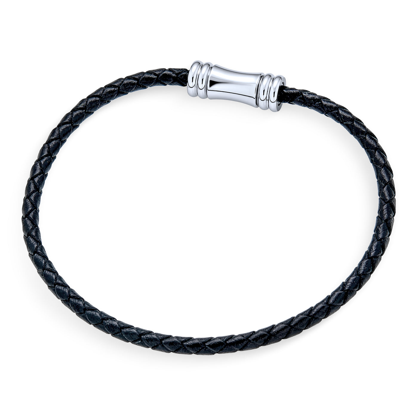 Black Woven Braided Cord Strand Leather Bracelet Magnetic Steel