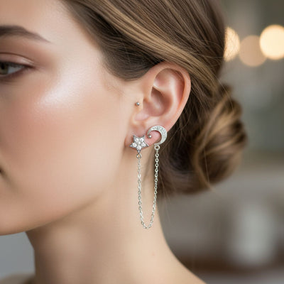 Celestial Crescent Moon Stars Ear Cuff Cartilage Chain Ball Earrings Silver