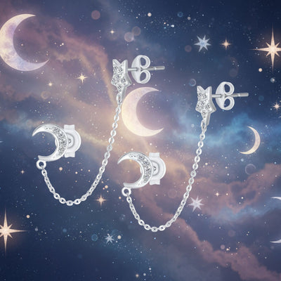 Celestial Crescent Moon Stars Ear Cuff Cartilage Chain Ball Earrings Silver