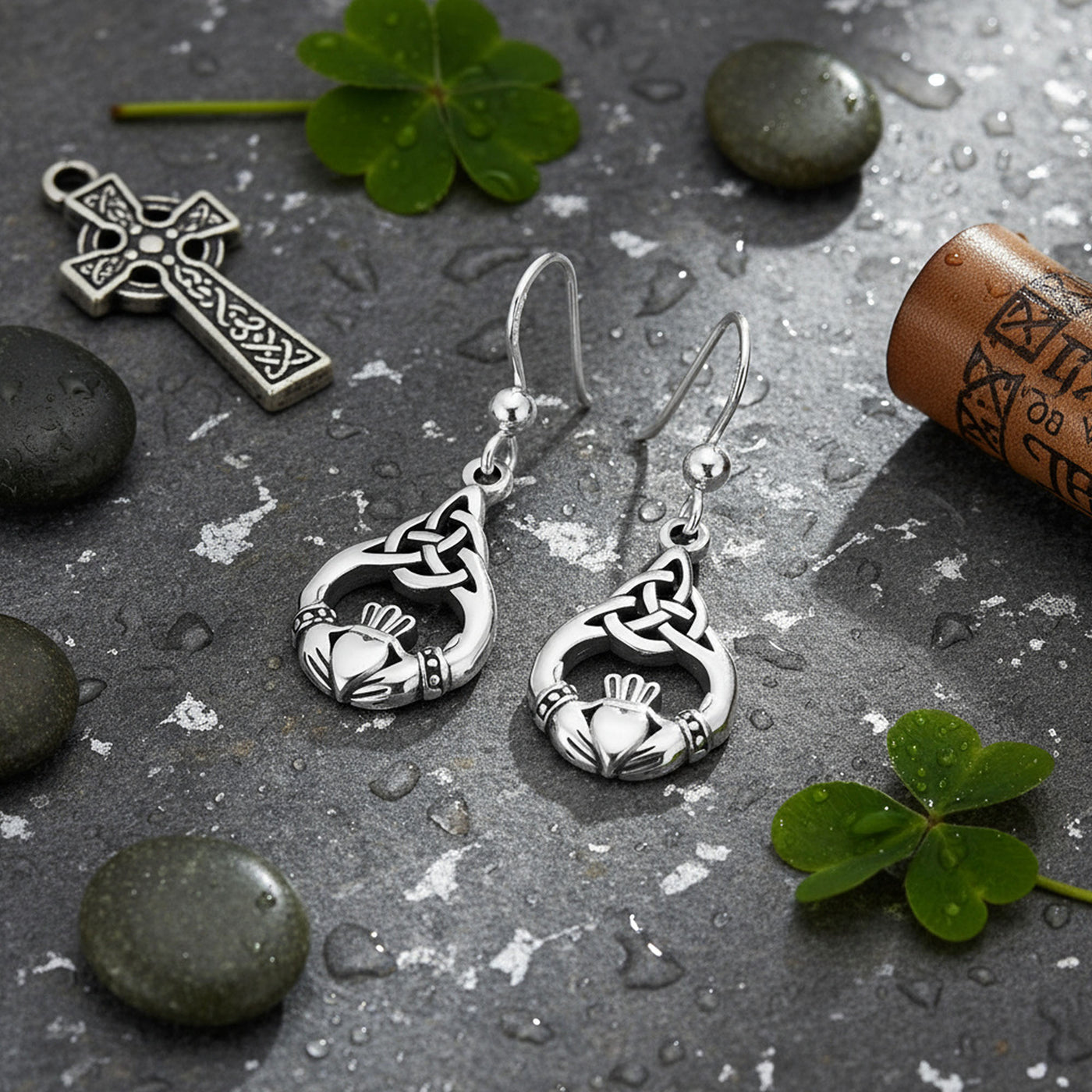 Friendship BFF Heart Celtic Claddagh Dangle Earrings in Oxidized Sterling Silver