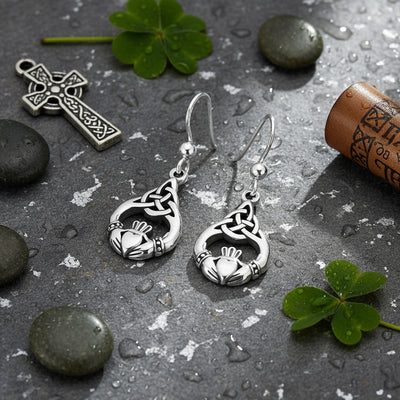 Friendship BFF Heart Celtic Claddagh Dangle Earrings in Oxidized Sterling Silver