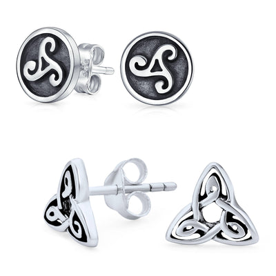 Set of 2 Celtic Infinity Knot & Round Triskele Stud Earrings Oxidized Silver