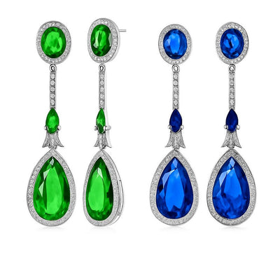 Set of 2 Art Deco Blue & Green CZ Teardrop Gemstone Dangle Chandelier Earrings