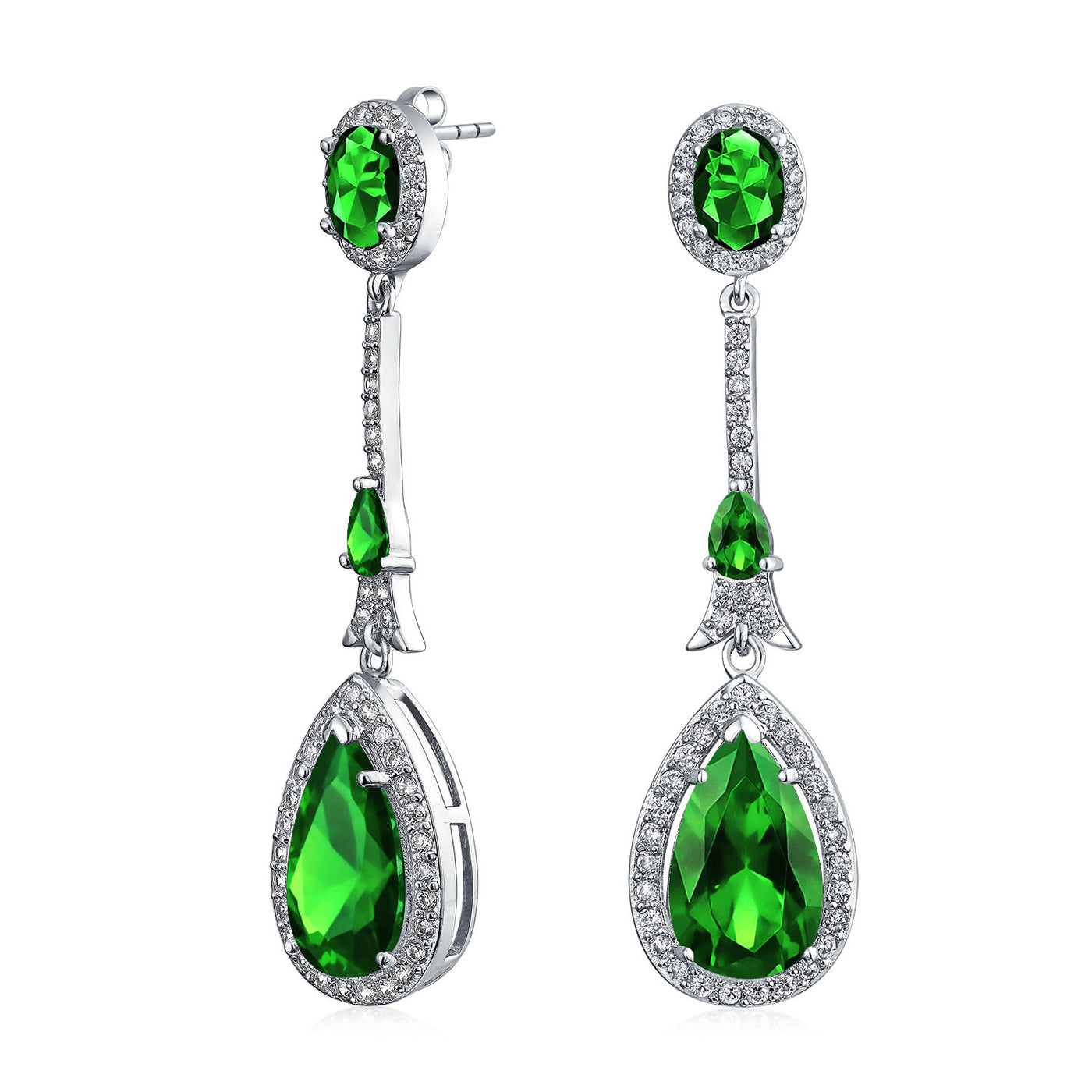 Set of 2 Art Deco Blue & Green CZ Teardrop Gemstone Dangle Chandelier Earrings