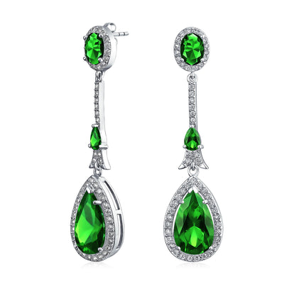 Set of 2 Art Deco Blue & Green CZ Teardrop Gemstone Dangle Chandelier Earrings