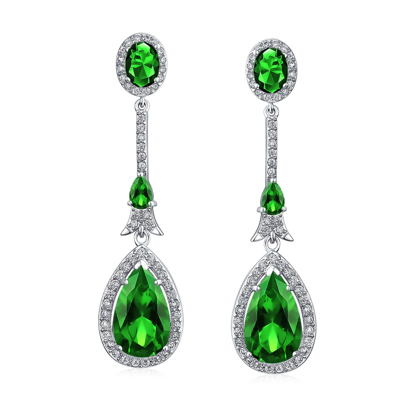 Set of 2 Art Deco Blue & Green CZ Teardrop Gemstone Dangle Chandelier Earrings