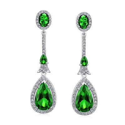 Set of 2 Art Deco Blue & Green CZ Teardrop Gemstone Dangle Chandelier Earrings