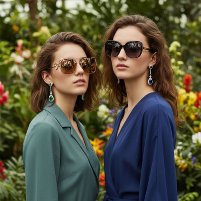 Set of 2 Art Deco Blue & Green CZ Teardrop Gemstone Dangle Chandelier Earrings