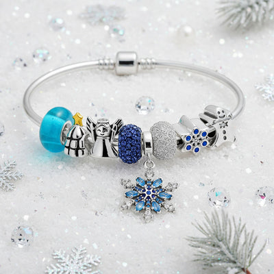 Elegant Blue Ice Snowflake Charm Bracelet with Crystal Beads and Silver Clasp