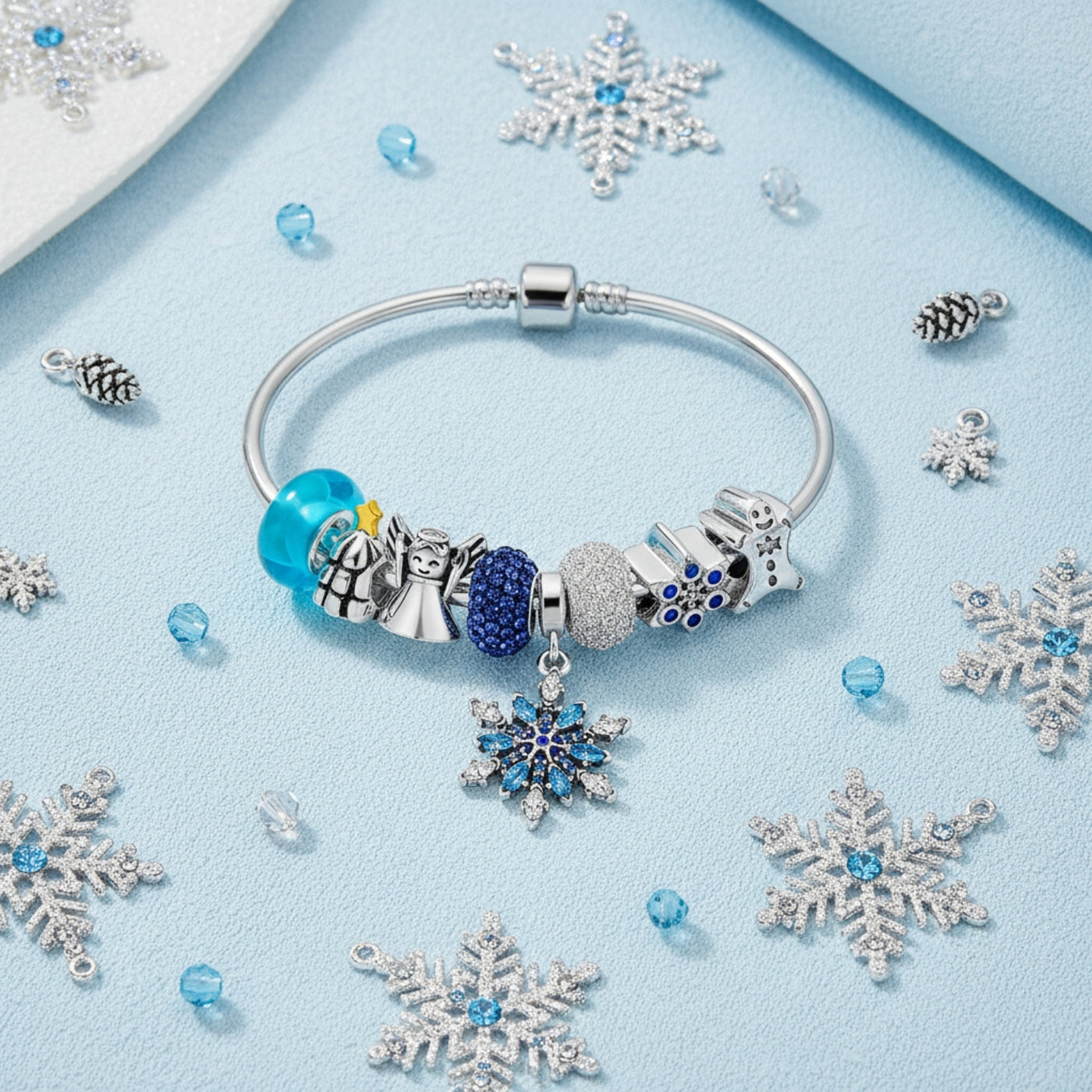 Elegant Blue Ice Snowflake Charm Bracelet with Crystal Beads and Silver Clasp