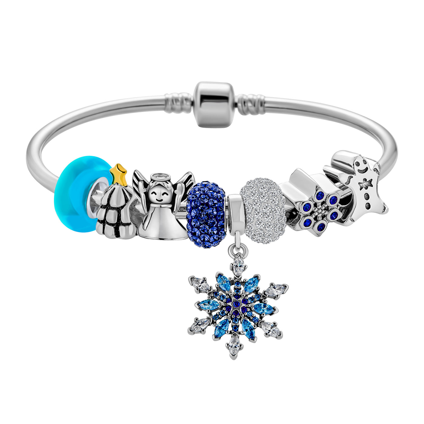 Elegant Blue Ice Snowflake Charm Bracelet with Crystal Beads and Silver Clasp