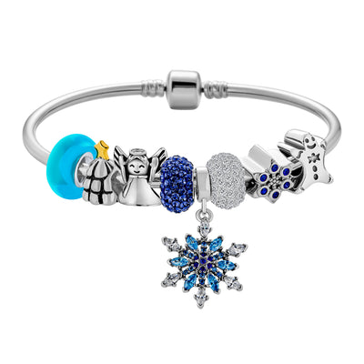 Elegant Blue Ice Snowflake Charm Bracelet with Crystal Beads and Silver Clasp