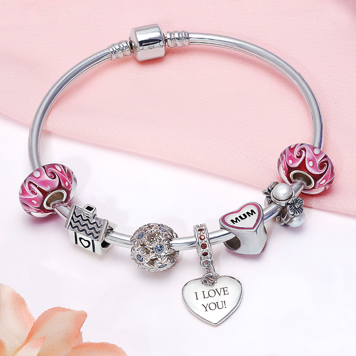 Set of 4 Murano Glass Charm Bead Blue Green Pink Aqua Swirl Spacer Silver Core - Bling Jewelry