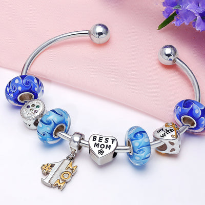 Set of 4 Murano Glass Charm Bead Blue Aqua Wave Swirl Spacer Silver Core - Bling Jewelry