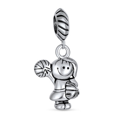 Set of 2 Cheerleader & Soccer Player Dangle Charm Bead Sterling Silver