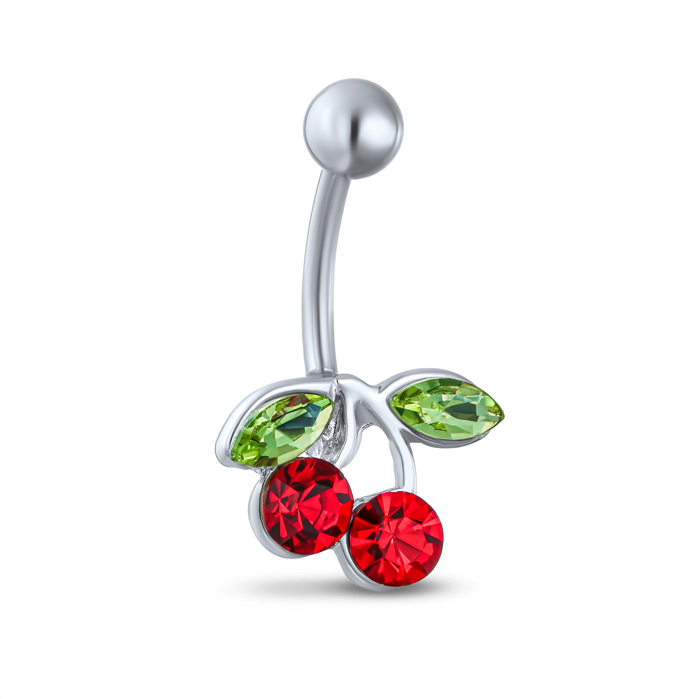 Red Crystal Cherry Branch Bar Navel Belly Ring 316L Stainless Steel