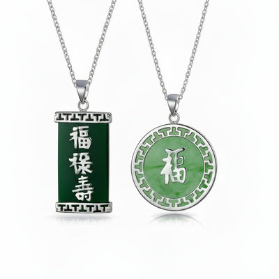 Set of 2 Good Fortune Fu Pendant Necklace Green Agate Rectangle & Jade Medallion