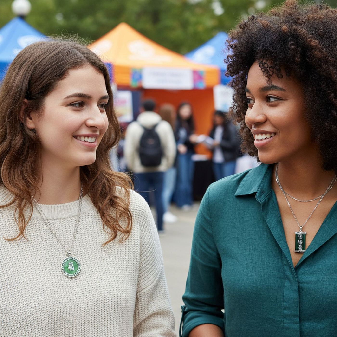 Set of 2 Good Fortune Fu Pendant Necklace Green Agate Rectangle & Jade Medallion