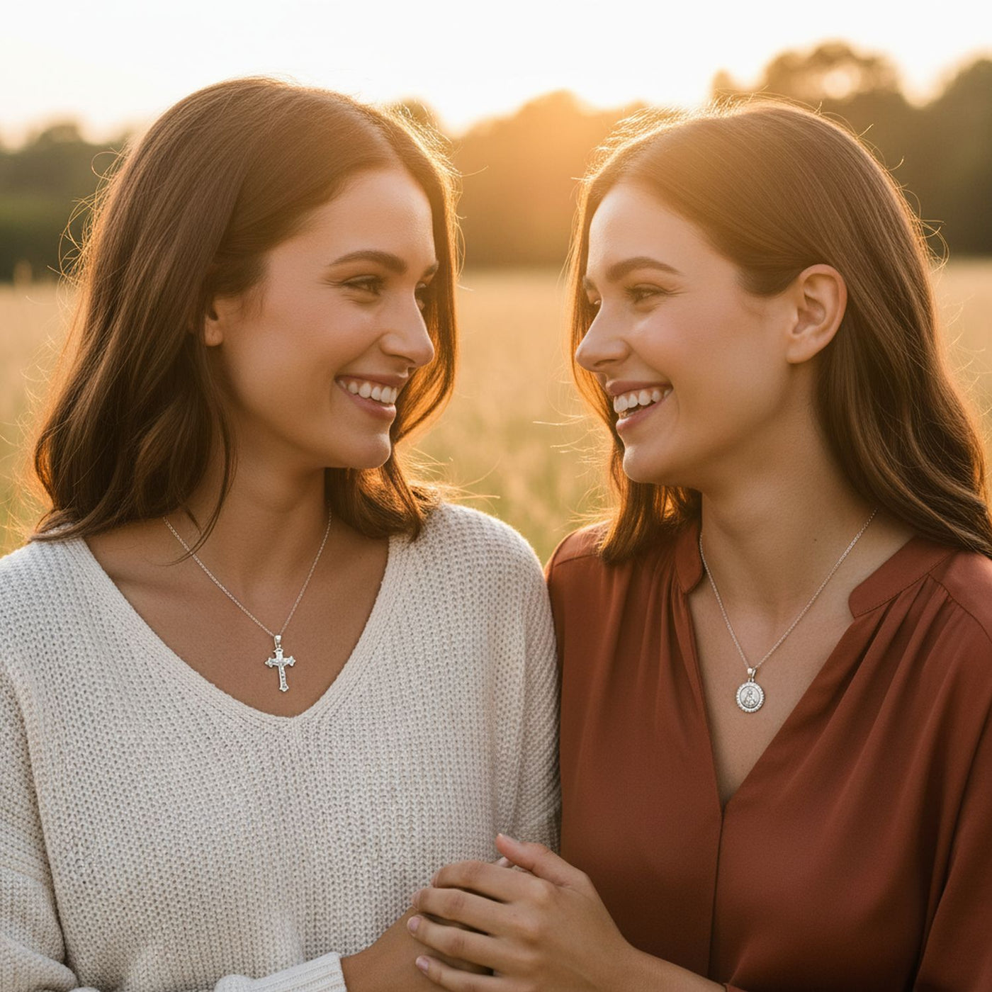 Set of 2 Jesus Medallion & Crucifix Cross Pendant Necklace .925 Sterling Silver