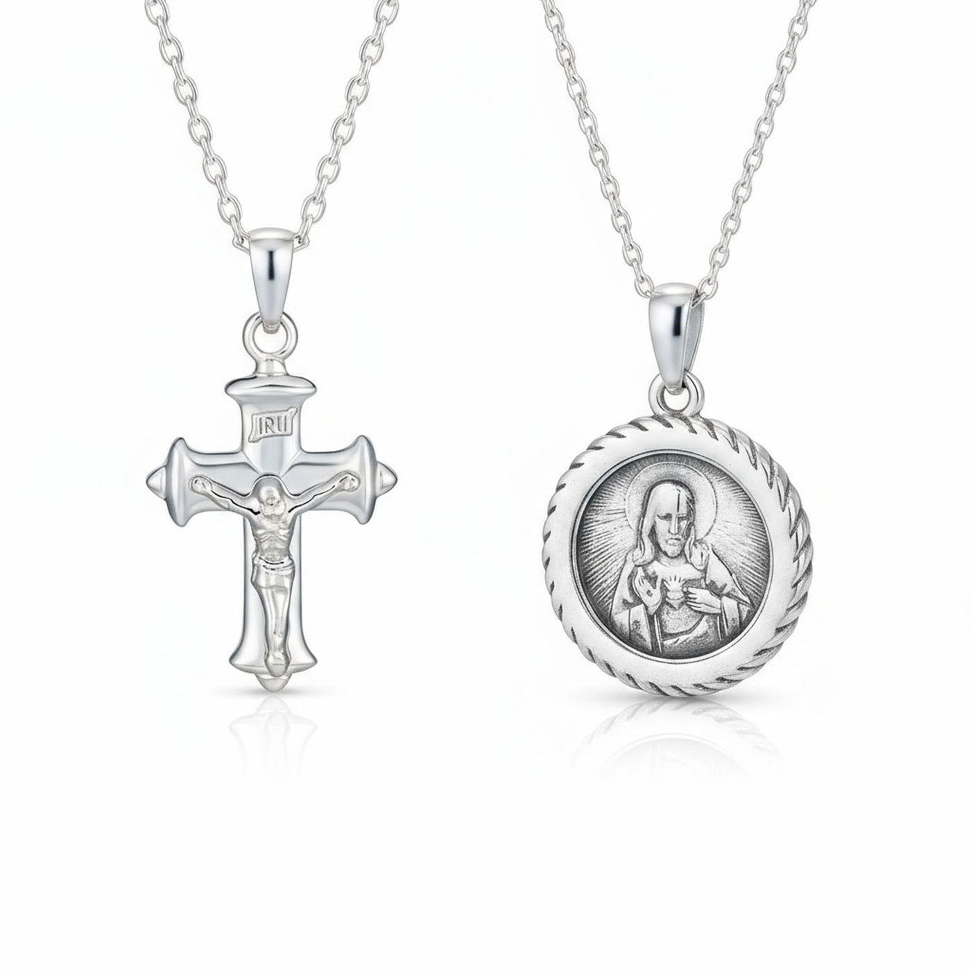 Set of 2 Jesus Medallion & Crucifix Cross Pendant Necklace .925 Sterling Silver