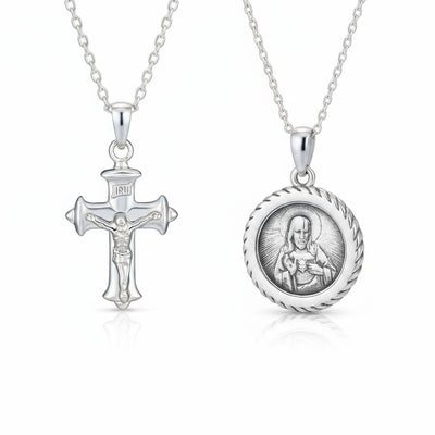 Set of 2 Jesus Medallion & Crucifix Cross Pendant Necklace .925 Sterling Silver