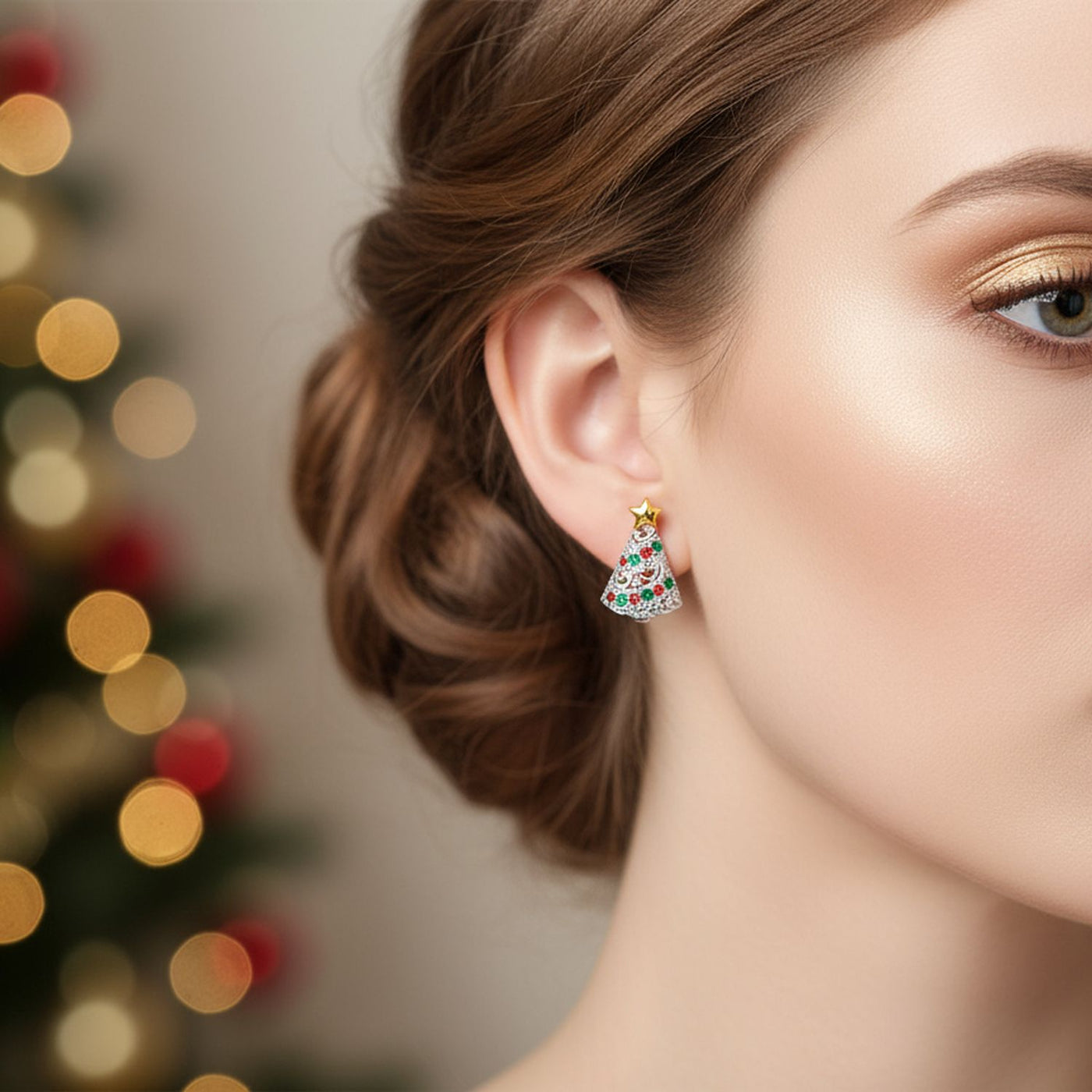 Holiday Star CZ Stud Earrings: Red & Green Sparkly Christmas Tree Design