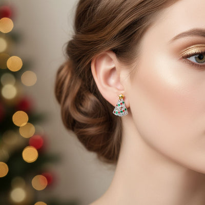 Holiday Star CZ Stud Earrings: Red & Green Sparkly Christmas Tree Design