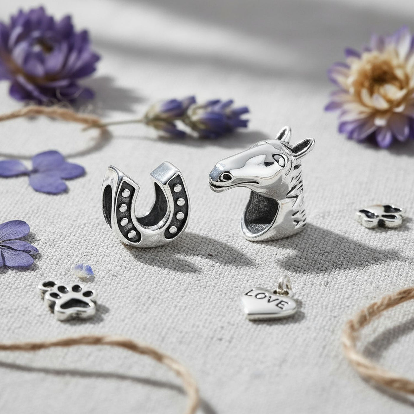 Western Cowgirl Horse & Lucky Horseshoe Charm Bead Oxidized Sterling Silver