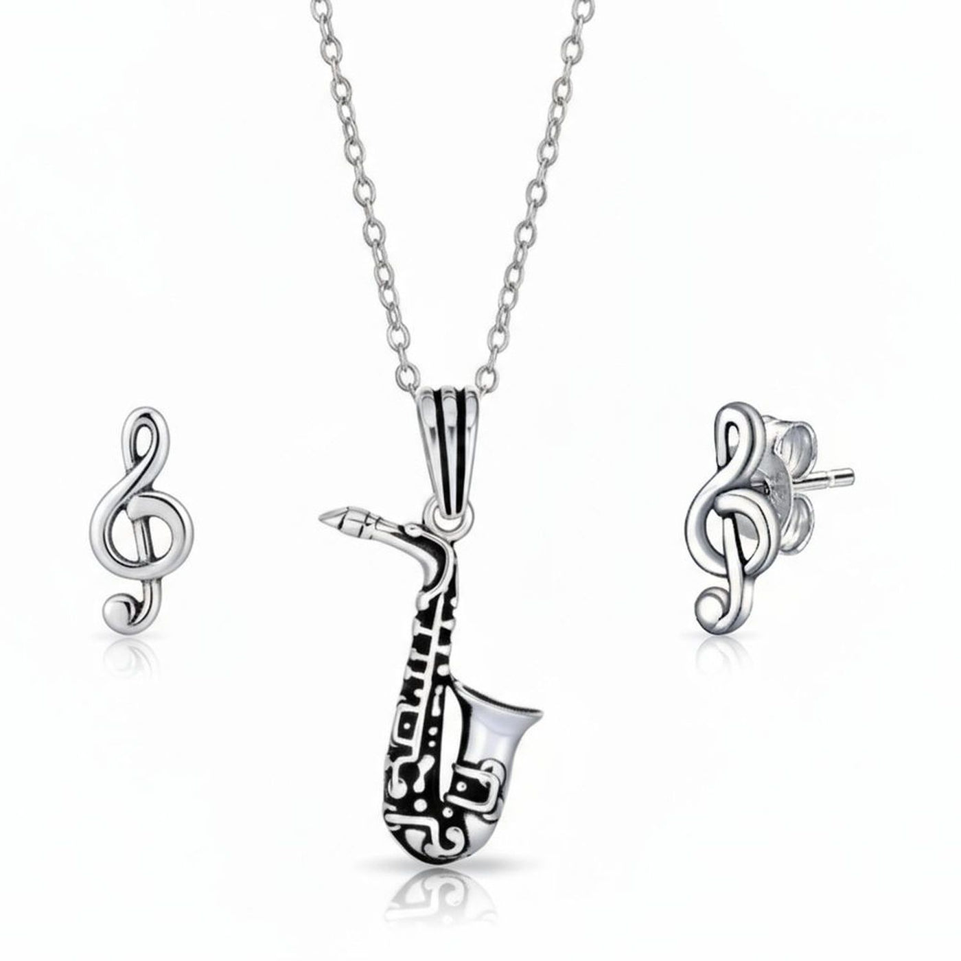 Music Lovers Saxophone Necklace & Treble Clef Stud Earrings Set Sterling Silver