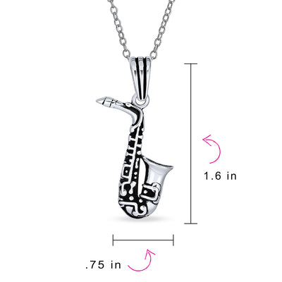 Music Lovers Saxophone Necklace & Treble Clef Stud Earrings Set Sterling Silver