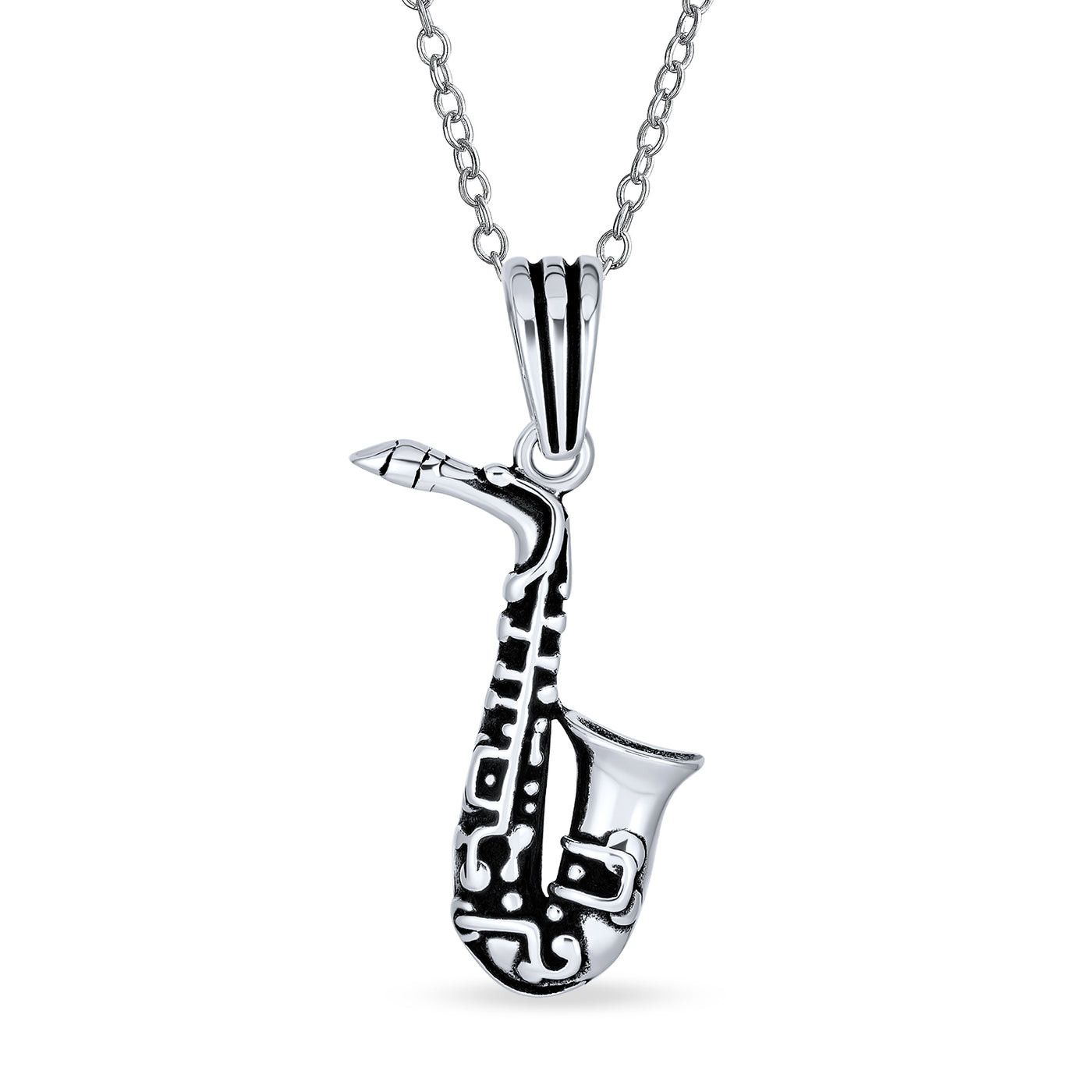 Music Lovers Saxophone Necklace & Treble Clef Stud Earrings Set Sterling Silver