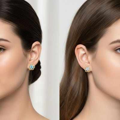 Set of 2 Tiny Blue & Clear CZ Flower Stud 1 Piece Cartilage Earring 14K Gold 4MM