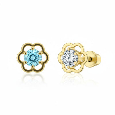 Set of 2 Tiny Blue & Clear CZ Flower Stud 1 Piece Cartilage Earring 14K Gold 4MM