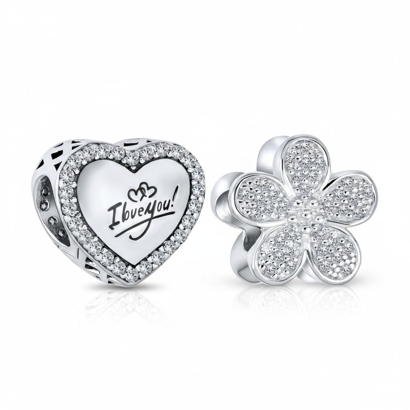 Set of 2 Words I LOVE YOU Crystal Heart & CZ Flower Bead Charm Sterling Silver