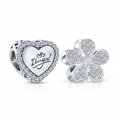 Set of 2 Words I LOVE YOU Crystal Heart & CZ Flower Bead Charm Sterling Silver