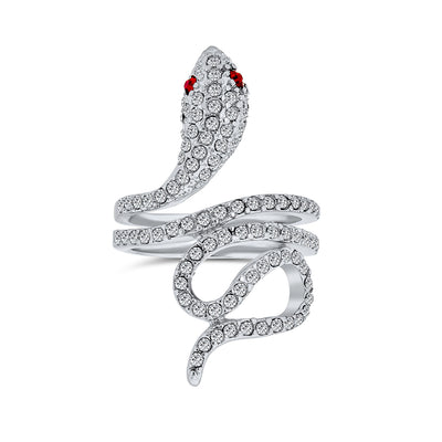 Spiral Wrap Serpent Snake Ring Red Eye Pave CZ Silver Plated Brass