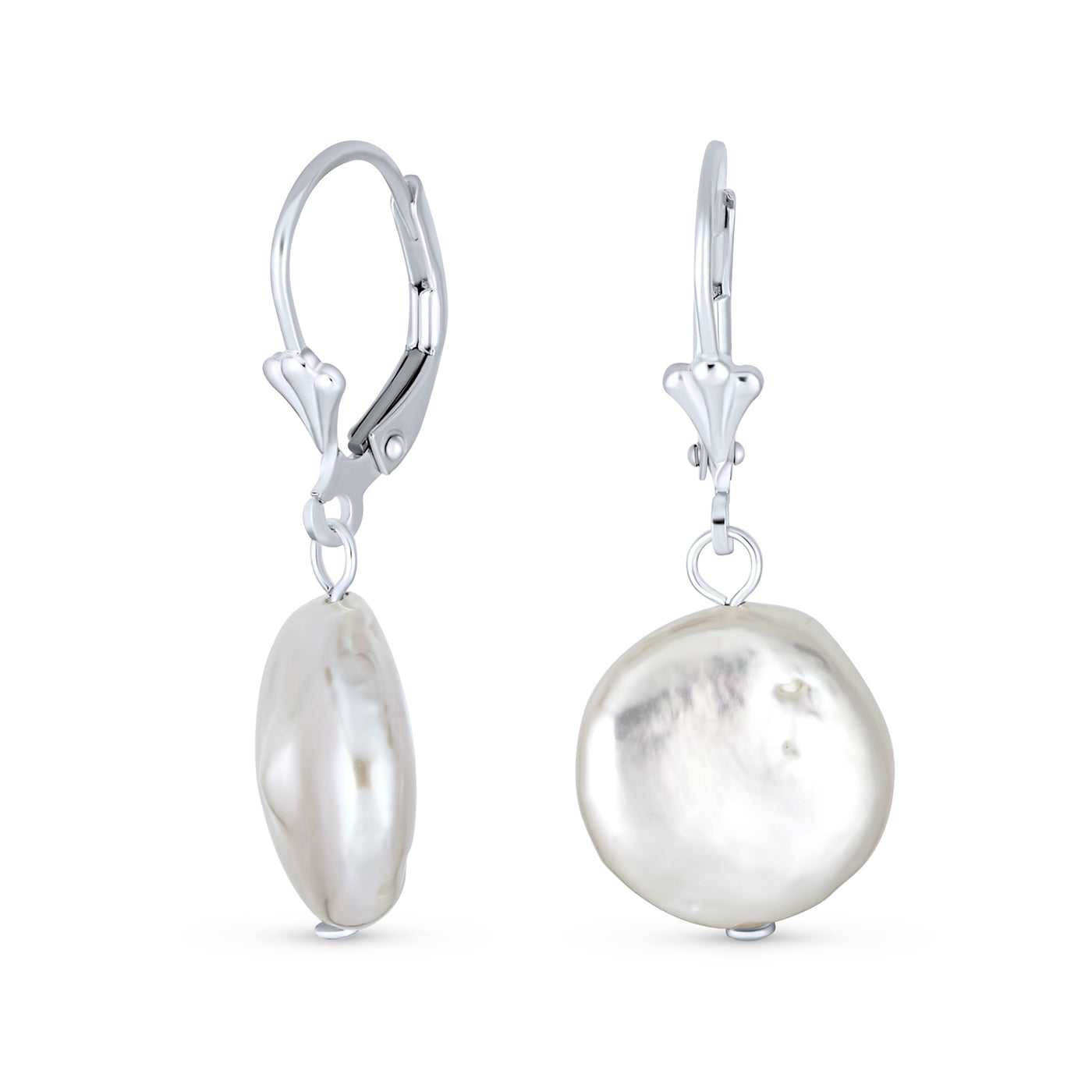 Baroque Round Coin Shaped Biwa Pearl Dangle Earrings Sterling Silver Lever back