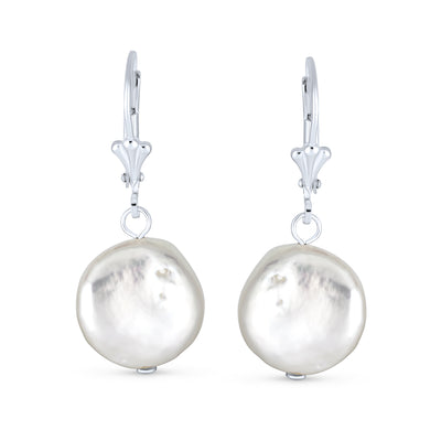 Baroque Round Coin Shaped Biwa Pearl Dangle Earrings Sterling Silver Lever back