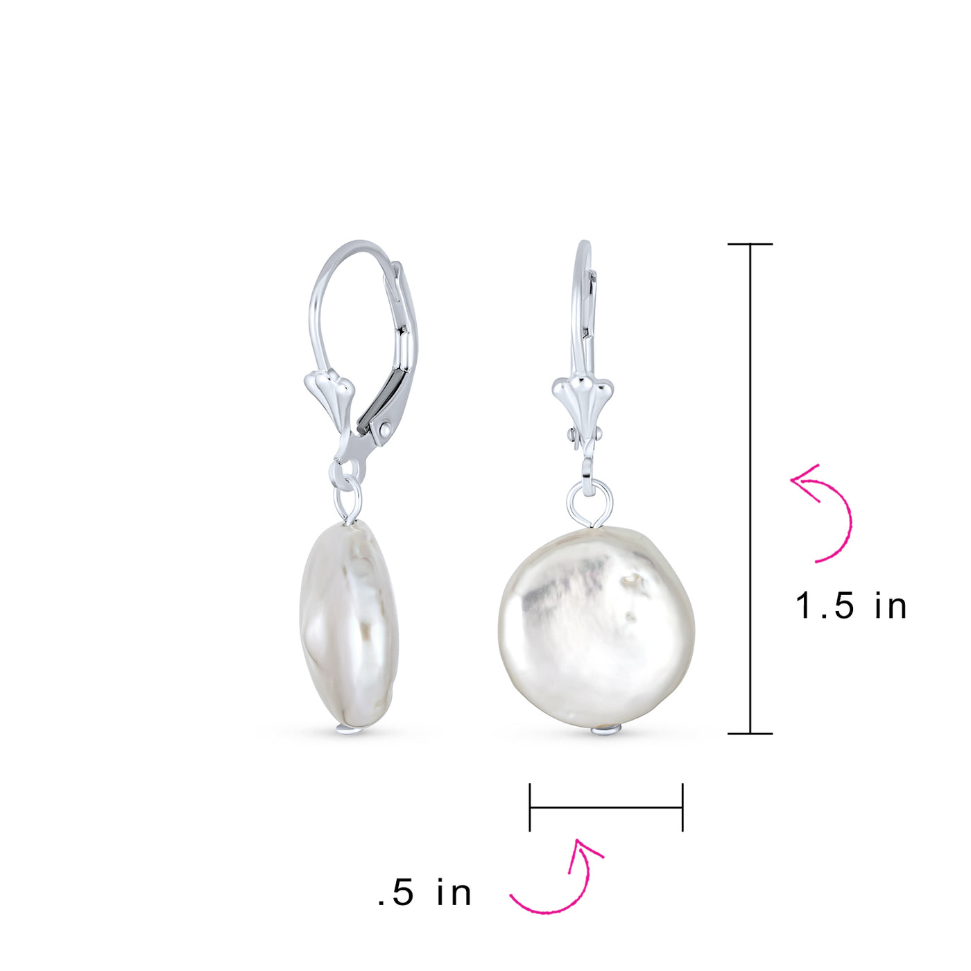 Baroque Round Coin Shaped Biwa Pearl Dangle Earrings Sterling Silver Lever back