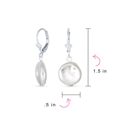 Baroque Round Coin Shaped Biwa Pearl Dangle Earrings Sterling Silver Lever back