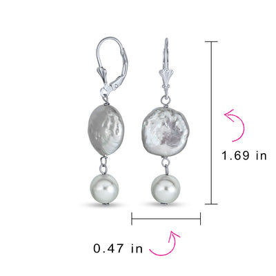 Coin Biwa Cultured Pearl Lever back Dangle Earrings Sterling Silver