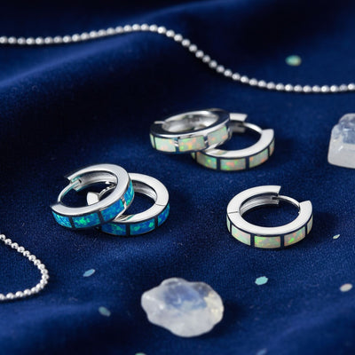 Set of 2 White & Blue Created Opal Gemstone Huggie Hoop Earrings Sterling Silver