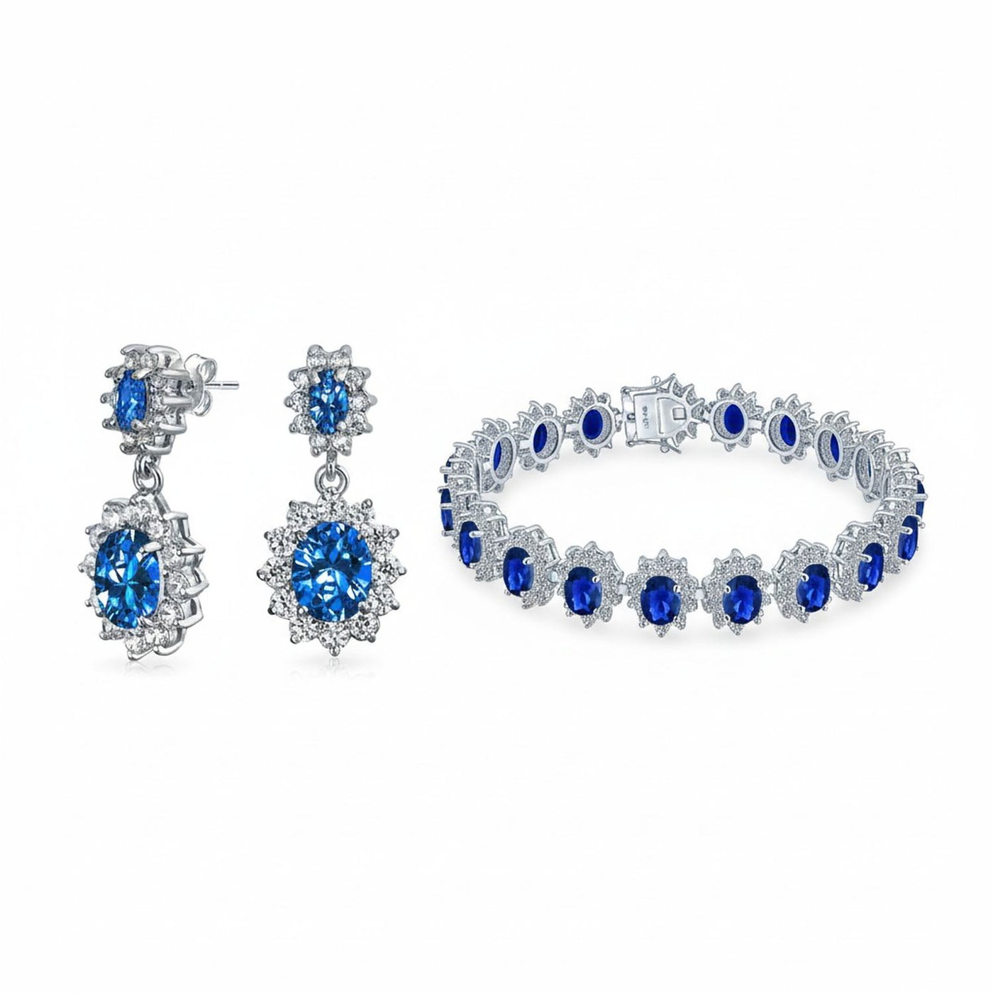 Bridal Blue CZ Oval Crown Halo Tennis Bracelet & Drop Earrings Set Silver Plated