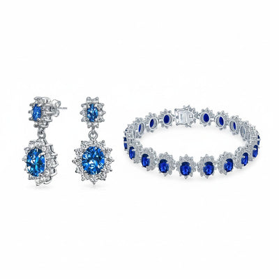 Bridal Blue CZ Oval Crown Halo Tennis Bracelet & Drop Earrings Set Silver Plated