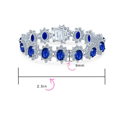 Bridal Blue CZ Oval Crown Halo Tennis Bracelet & Drop Earrings Set Silver Plated