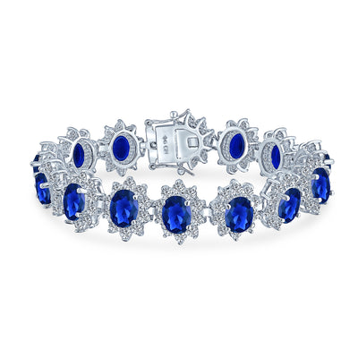 Bridal Blue CZ Oval Crown Halo Tennis Bracelet & Drop Earrings Set Silver Plated