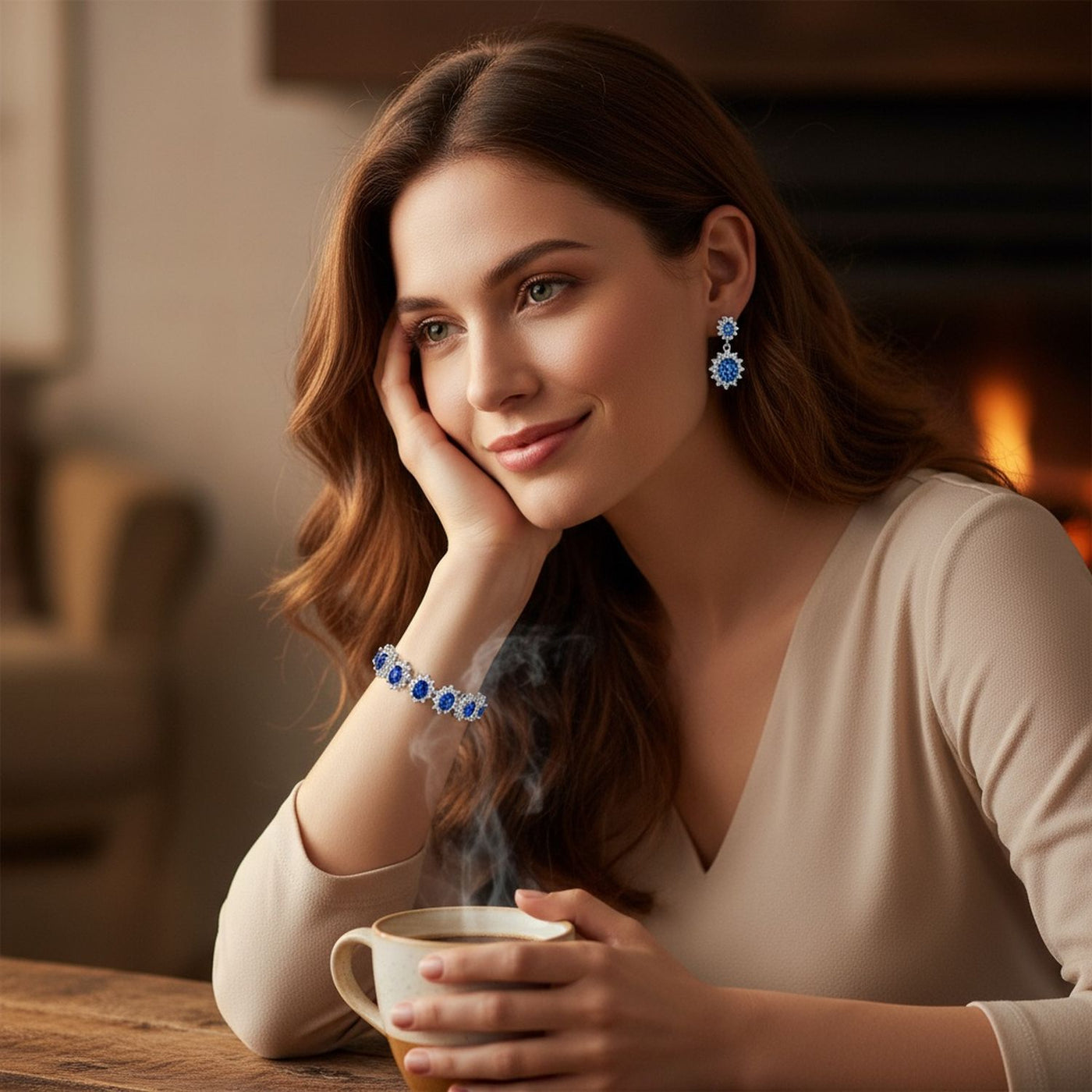 Bridal Blue CZ Oval Crown Halo Tennis Bracelet & Drop Earrings Set Silver Plated